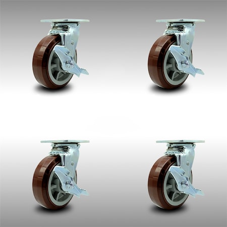 6 Inch SS Polyurethane Caster Set With Ball Bearings And Brake/Swivel Lock SCC